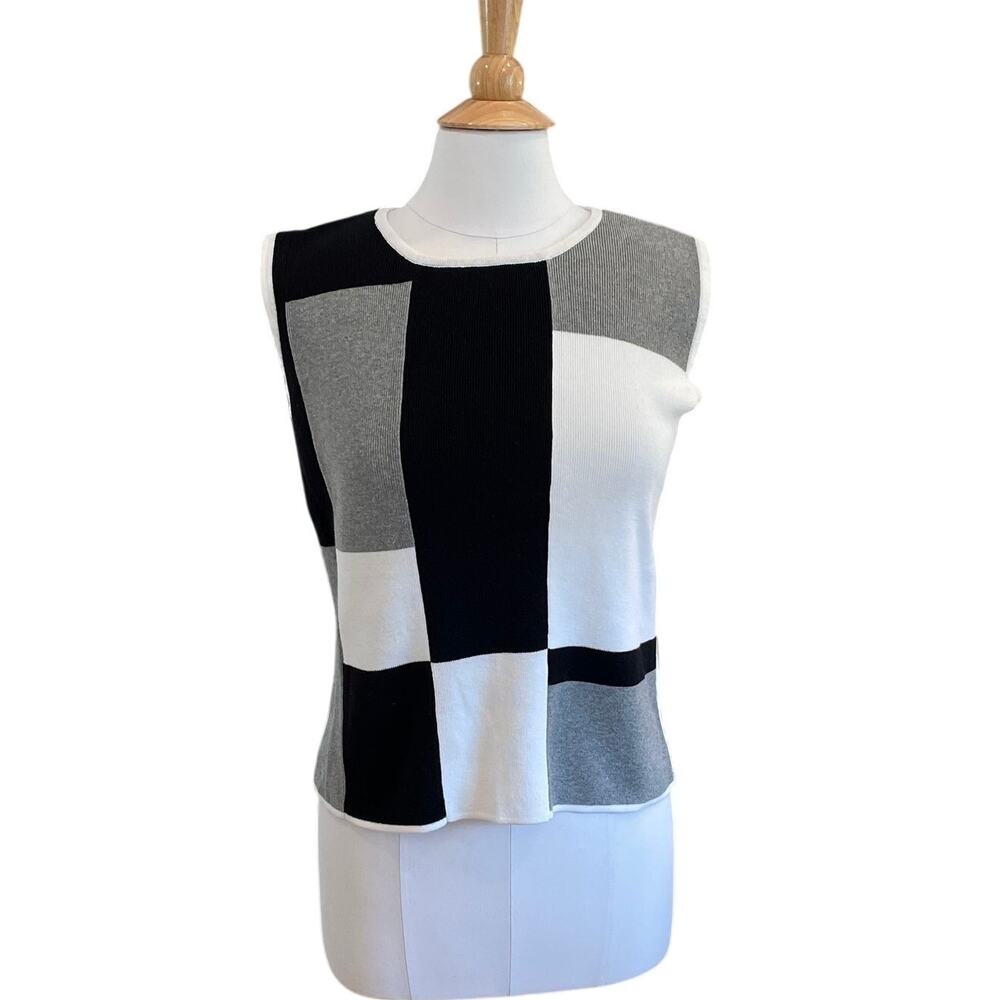 Black and White Colorblock Sleeveless Sweater Vest, Academia, Retro, Y2K, L